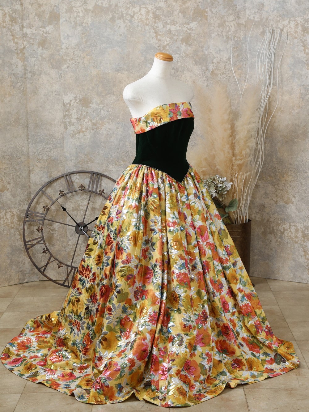 カラードレス / 深緑×黄色柄