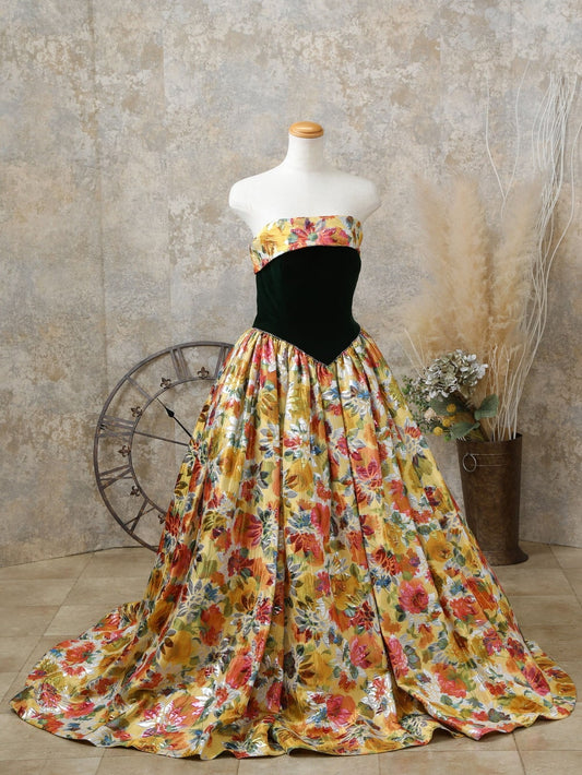 カラードレス / 深緑×黄色柄